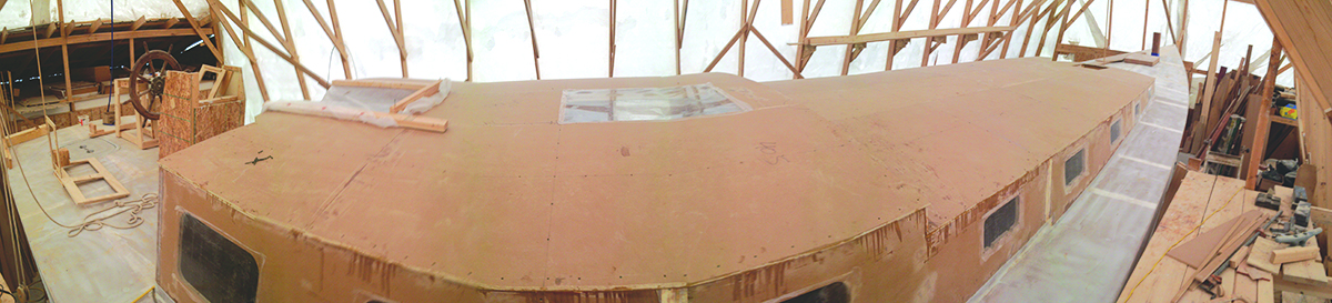 A funky and fun panoramic of the schooner with her cabin top on and windows covered.